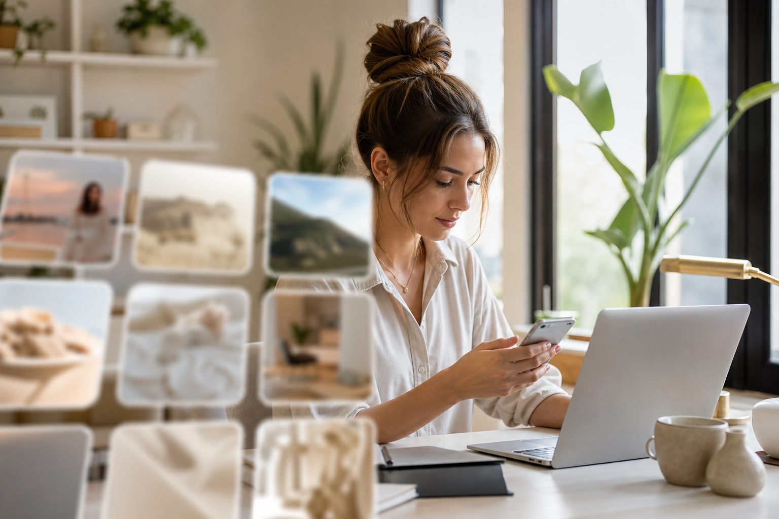 En kvinnlig kreatör som granskar innehåll på sin mobil och laptop i en stilren hemmastudio, som symboliserar integritet, förtroende och plattformsförändringar.