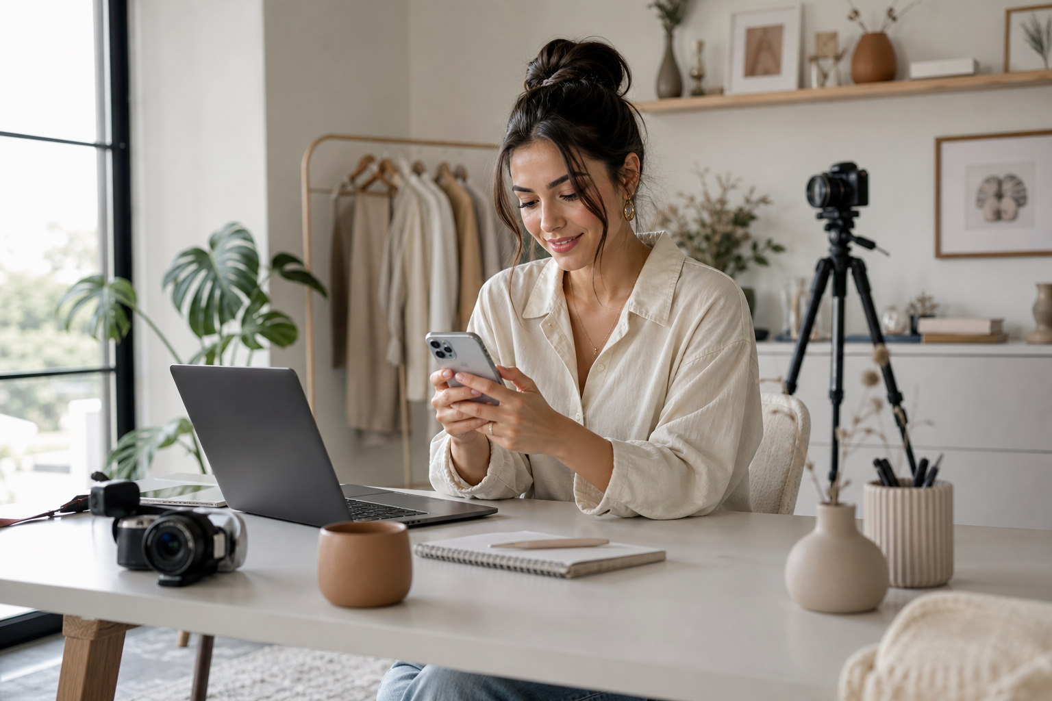 Kvinnlig kreatör planerar reposts och mentions i Instagram Stories på sin mobil i en ljus hemmastudio