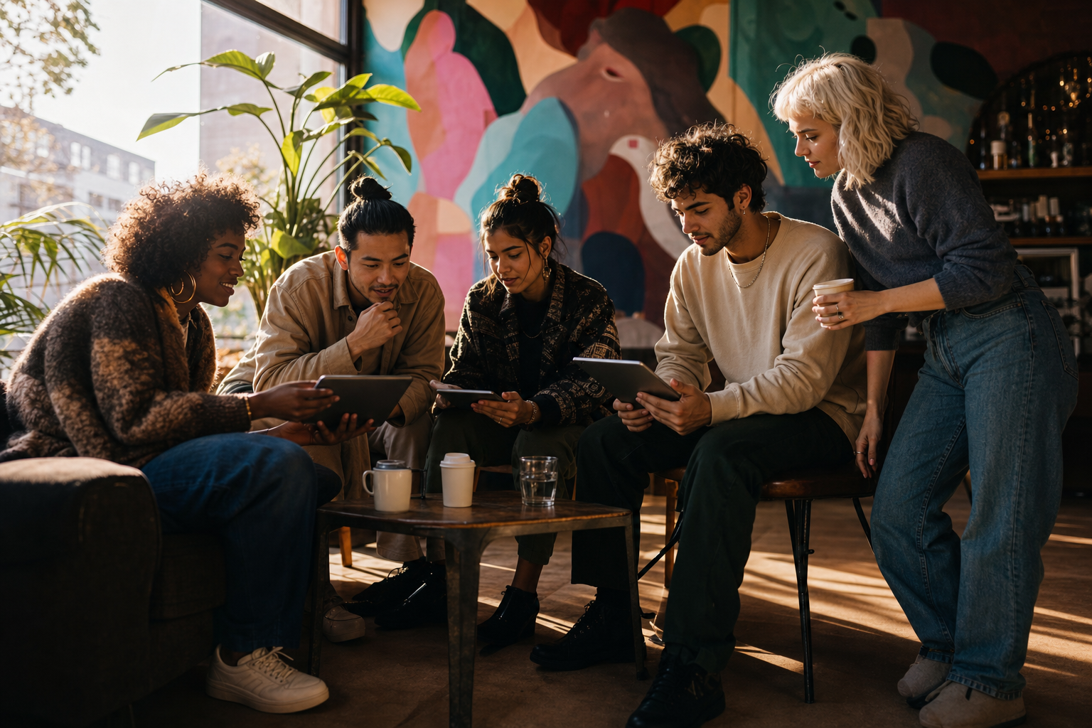 Grupp av olika kreatörer i ett kafé som strategiserar TikTok- och TikTok Shop-innehåll.