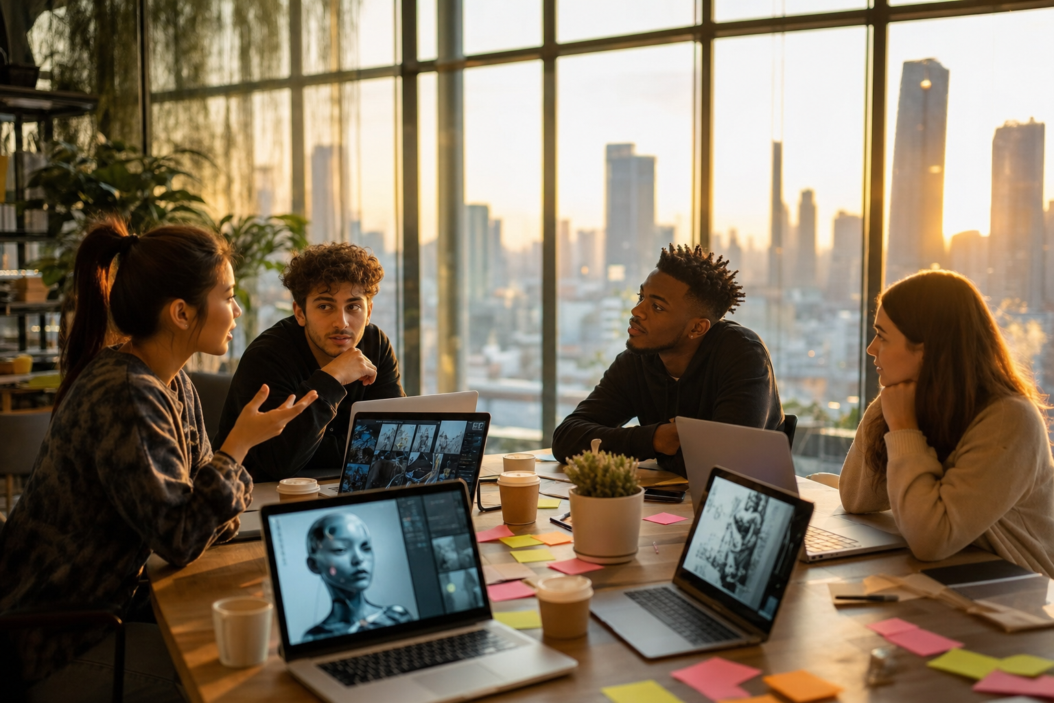 Unga influencers brainstormar med AI-verktyg i ett modernt co-working-utrymme.