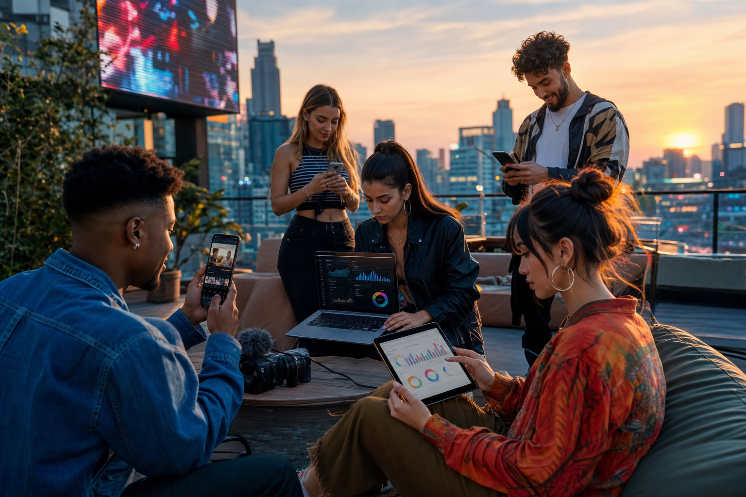 Unga influencers använder digitala enheter på en takterrass vid solnedgång med stadssiluett i bakgrunden.