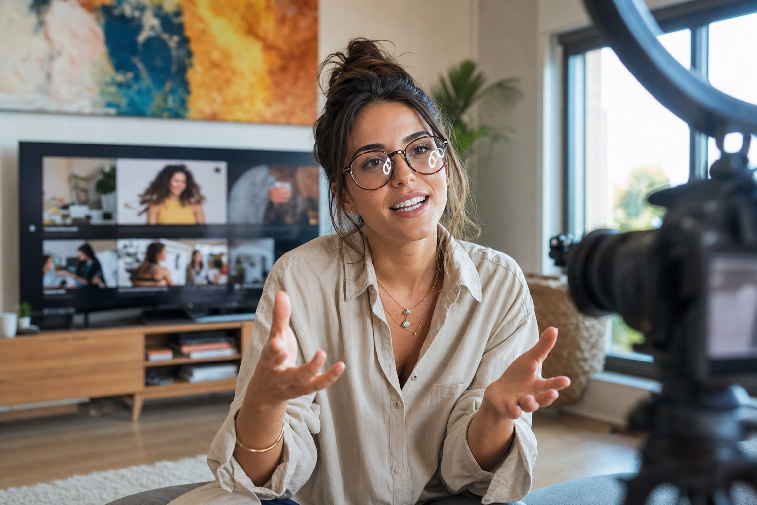 Influencer spelar in framför en TV med hennes YouTube-kanal visad.