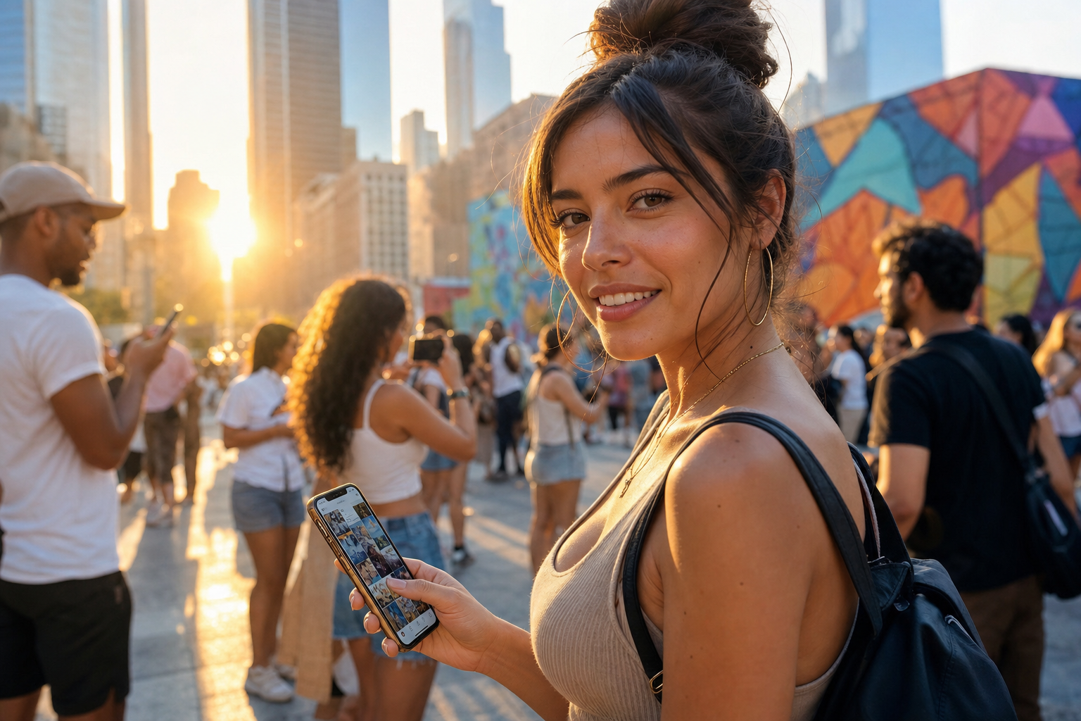 Influencer som håller en smartphone med Instagram öppet under gyllene timmen i ett livligt stadslandskap.
