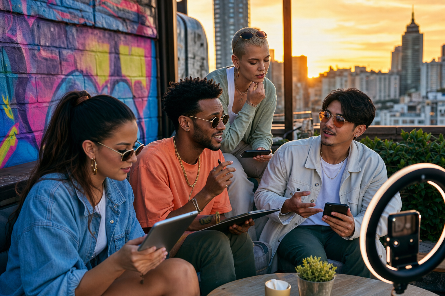 Influencers som strategiserar på en takterrass med surfplattor och smartphones, stadsvyer i solnedgång och graffiti i bakgrunden.