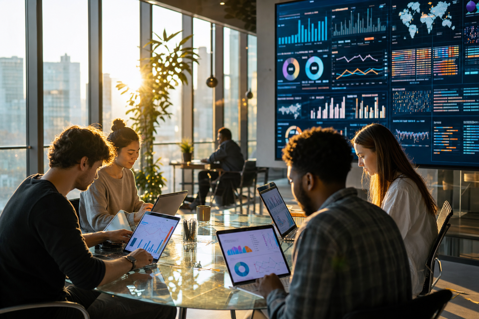 Unga kreatörer analyserar sociala mediemått på laptops i ett solbelyst coworking-utrymme.