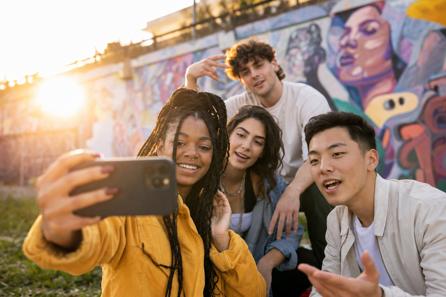 Unga influencers som filmar en Instagram Reel utomhus med en smartphone under gyllene timmen.