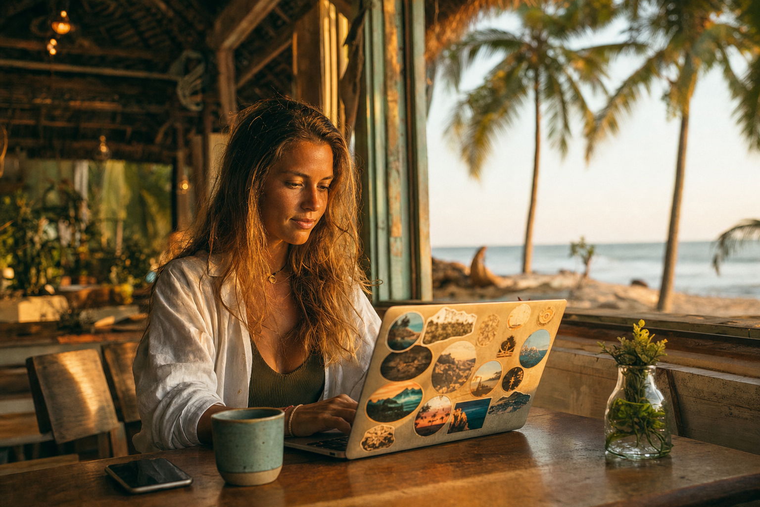 Ung kvinna som jobbar som digital nomad på ett strandkafé under golden hour.