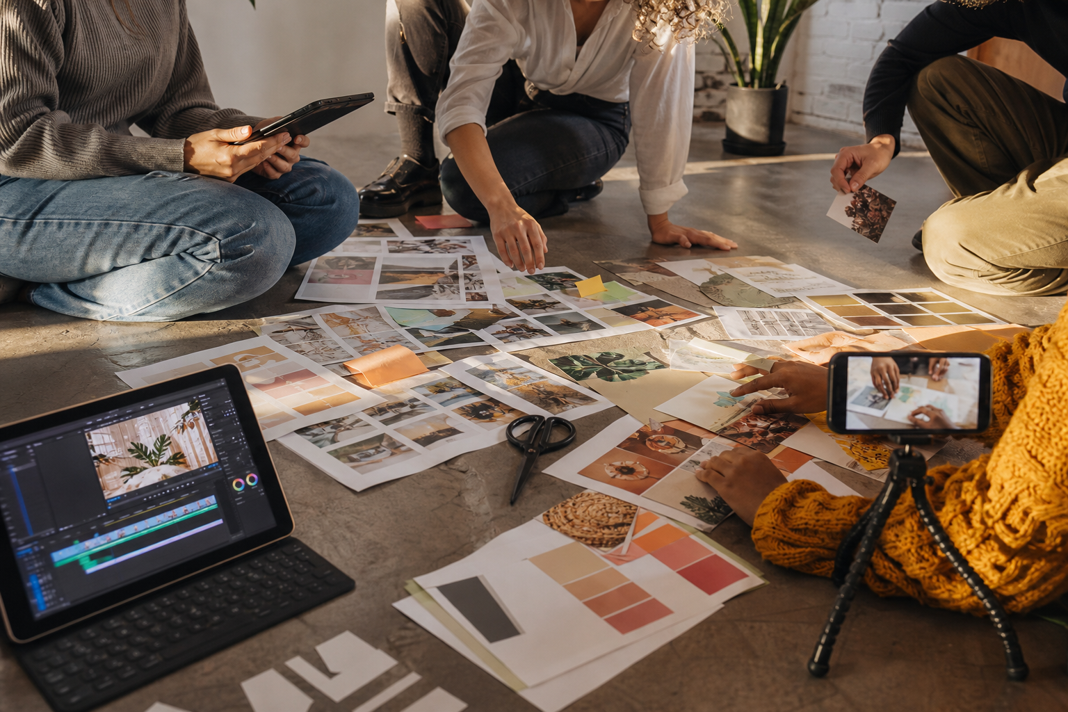 Kreatörer som planerar ett portabelt AI-arbetsflöde med printmockups, videoverktyg och innehållsanteckningar i en ljus studio.